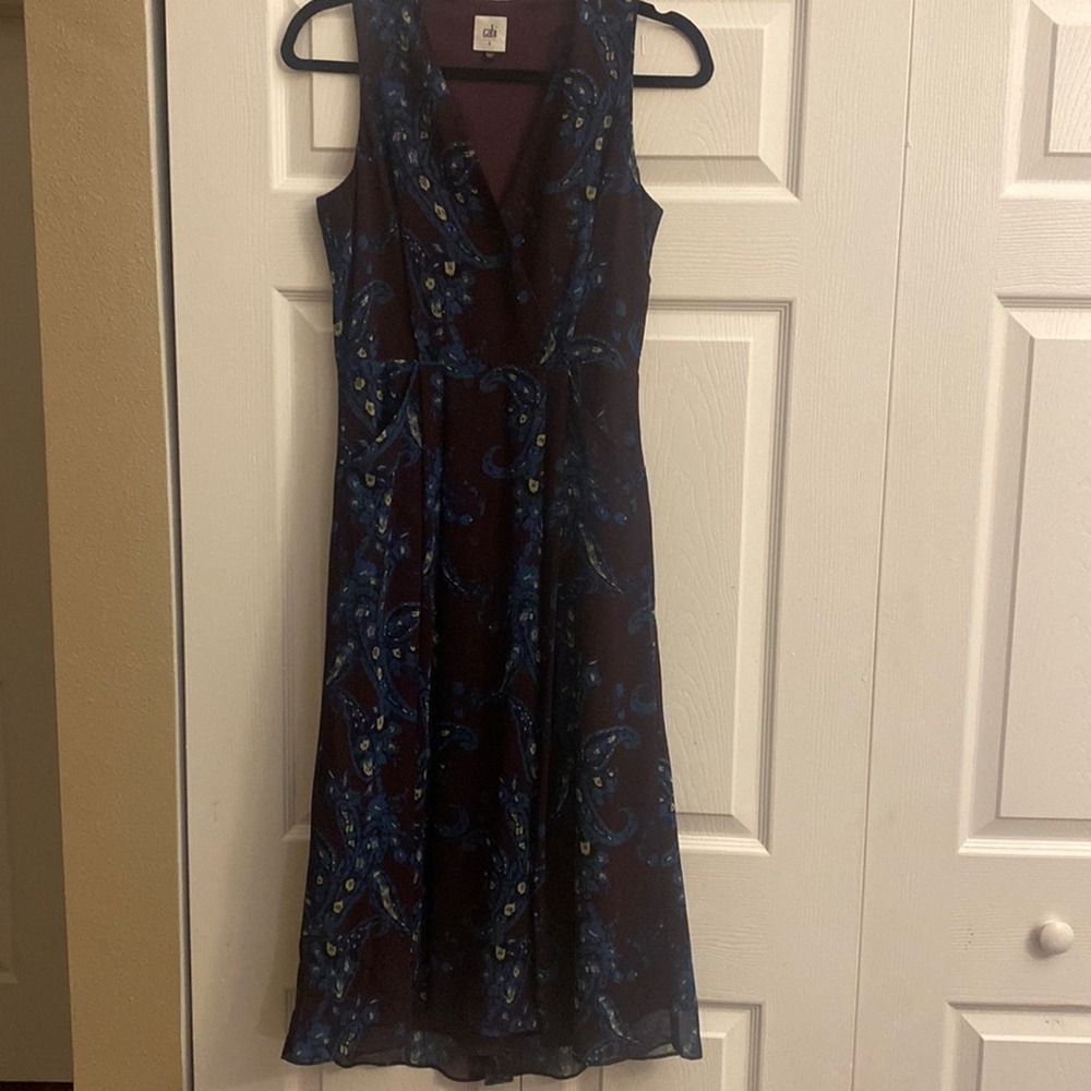 Cabi Serenity Dress Womens Size 2 Burgundy Blue Paisley Chiffon Midi Faux Wrap